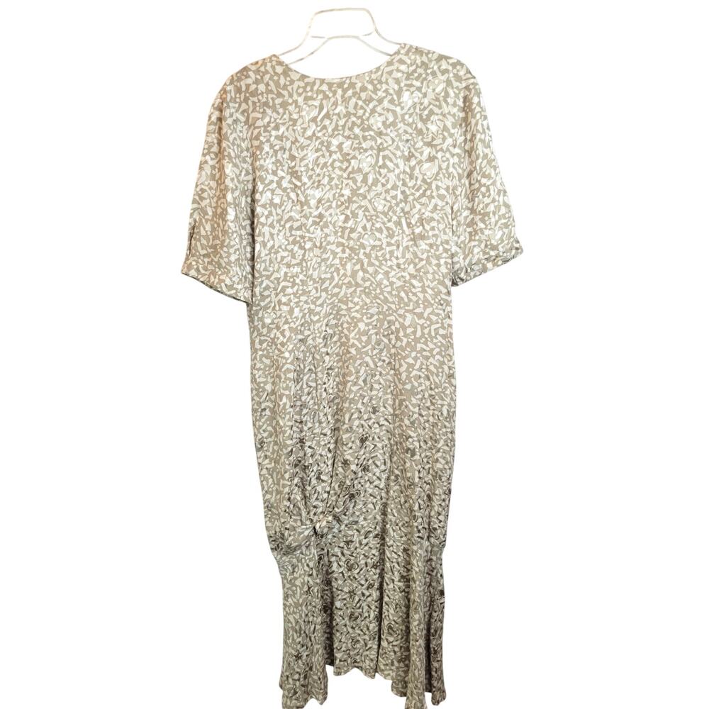 Vtg 30s Joanie Char 100% Silk Zip Up Maxi Dress Tan Abstract Women's Size 12